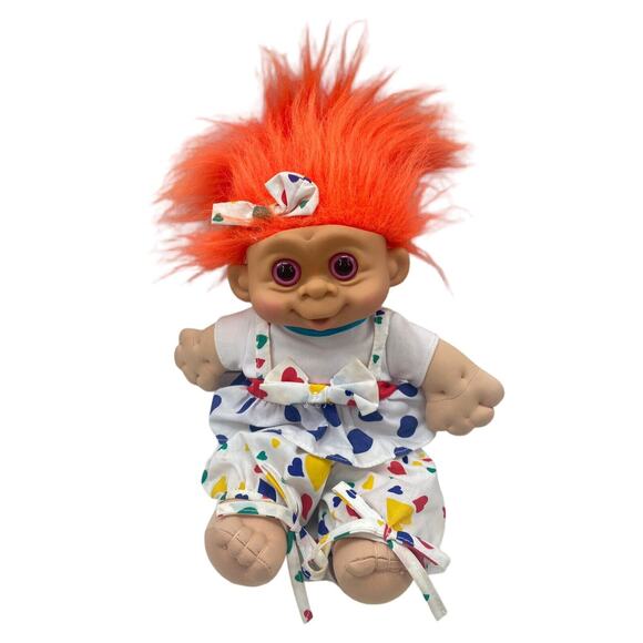 MT Multi Toys 1992 Troll Doll 12" GLO Girl Polka Dot Heart Orange Hair Pink Eyes - Picture 7 of 9